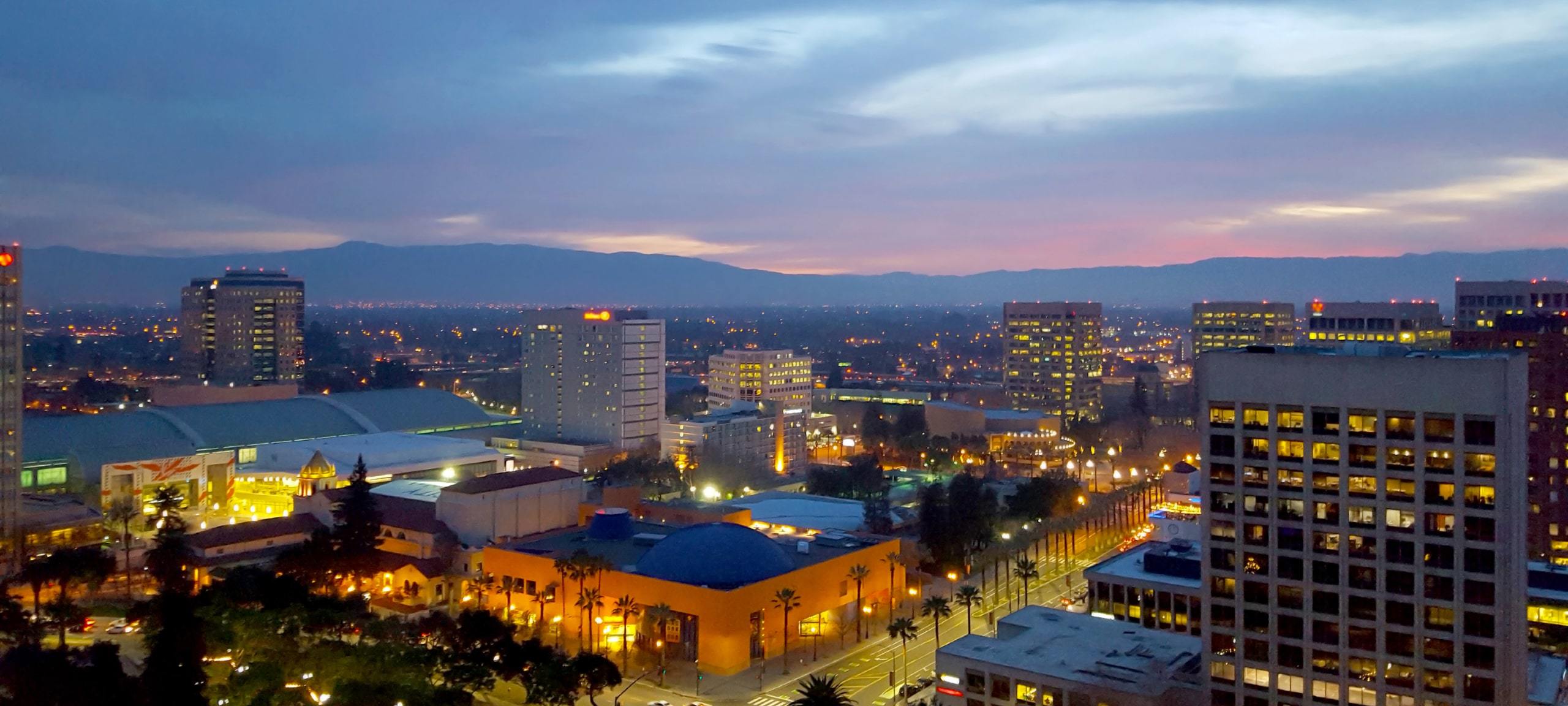Aerial view over San Jose, California downtown during sunset
